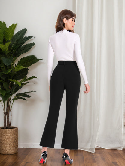 Elegant Plaid Flare Trousers for Women Featuring a High Waist And Tie Belt, Designed for a Slim Fit with Pockets, Perfect for Office Wear