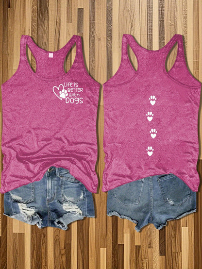 Women's Casual Sleeveless Round Neck Vest - Double-Sided Cat & Dog Paw Print Design, Cotton Lightweight Summer Top, Machine Washable Pet Lover Apparel, Outdoor Relaxation Clothing, Nontransparent Fabric