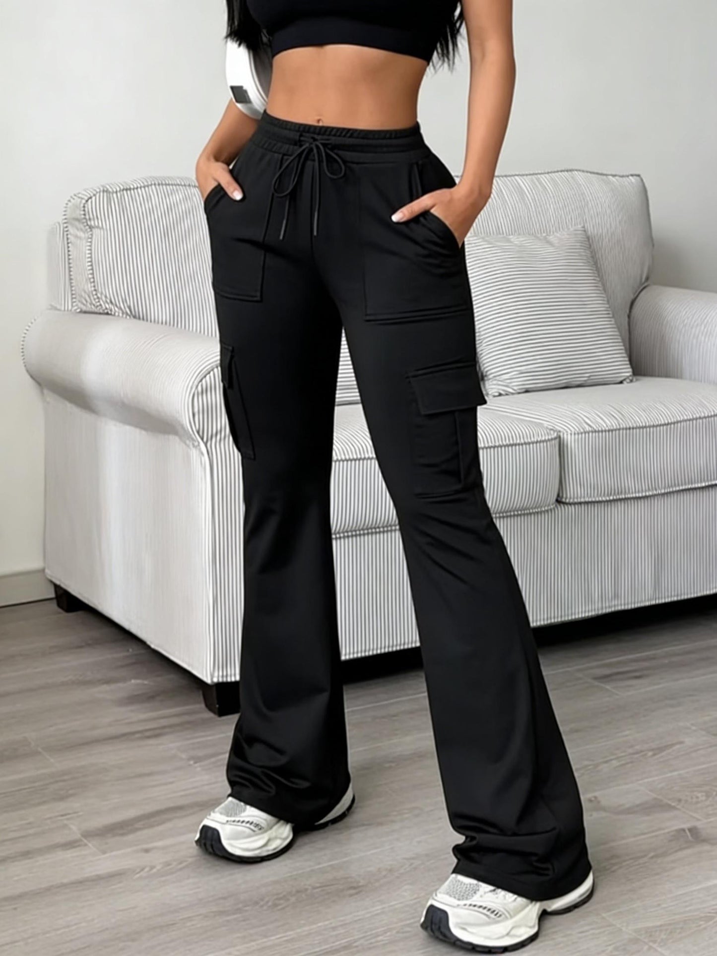 Women'S Solid Color Casual Drawstring Wide-Leg Sweatpants With Pockets, Elastic Waist Micro Flare Cargo Pants, Stretchy Pants For Daily Casual & Wear