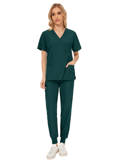 [Scrub Suit Set] Scrub Suit Set For Women Modern V-Neck Top T-Shirt & Tapered Leg Jogger Pants With Drawstring 2pcs Set Nursing Uniforms Set Suitable For Pet Hospitals, Dental Clinics, Nursing Work, Etc