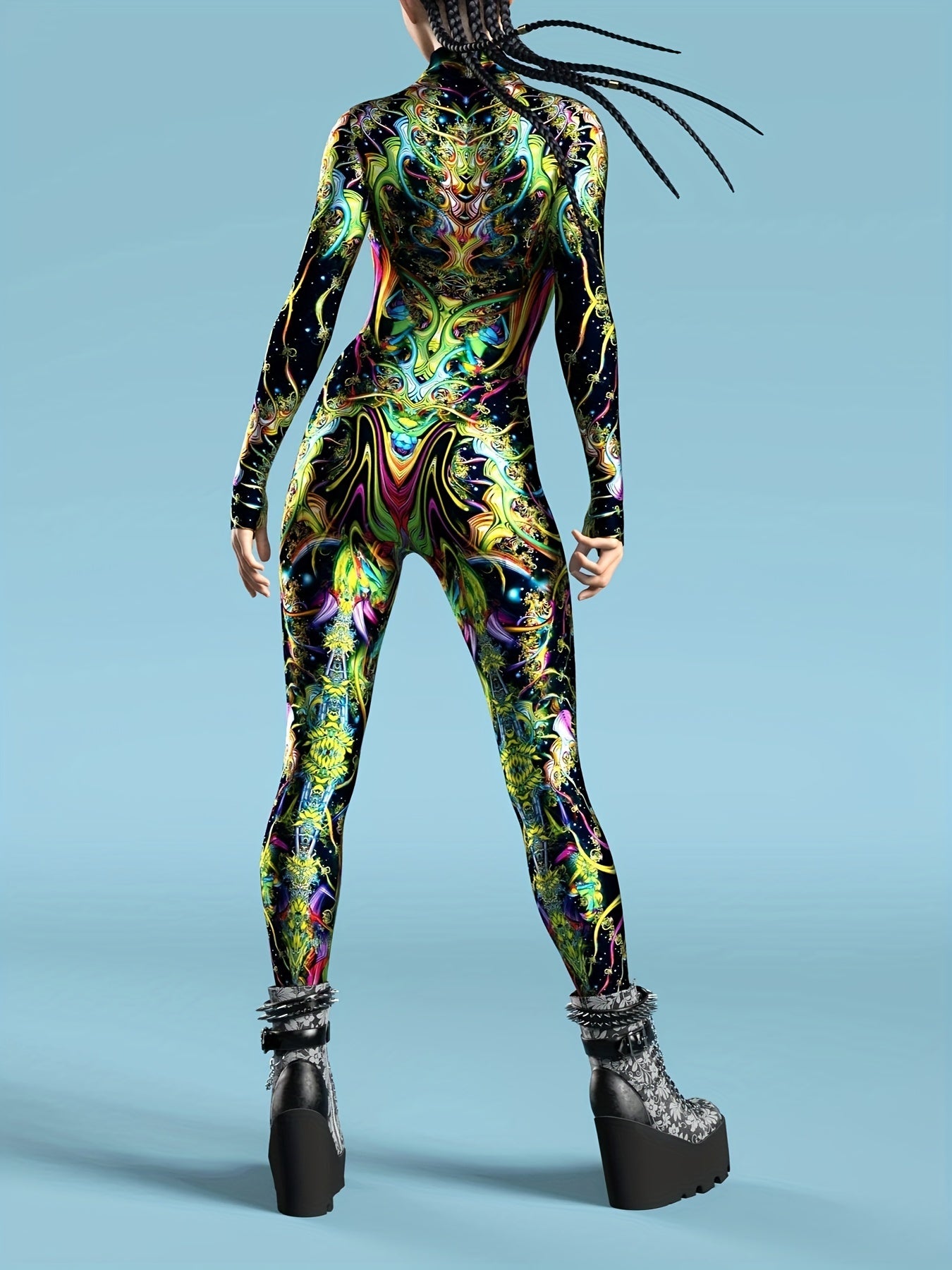 Stretchy Spandex Psychedelic Fractal Print Bodysuit for Women - High-Neck, Long Sleeve, Costume for Halloween & Cosplay Parties