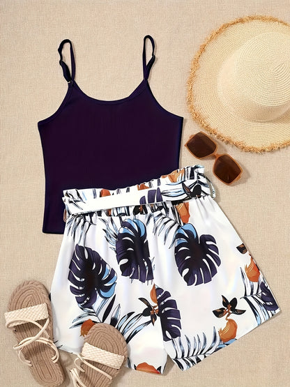 Pants Set - Unique Tropical Print 2pcs Set - V-Neck Crop Top and High-Waist Drawstring Shorts, Lightweight, Breathable, Comfortable Fabric, Machine Washable - Perfect for Spring and Summer
