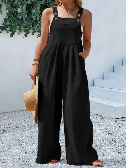 Plus Size, Curve Casual Women's Spring And Summer Button Back Tie One-piece Pants - Back Tie Button Design, Casual Black, Thin Thickness, Loose - Spring And Summer Plus Size Women's Casual Jumpsuits