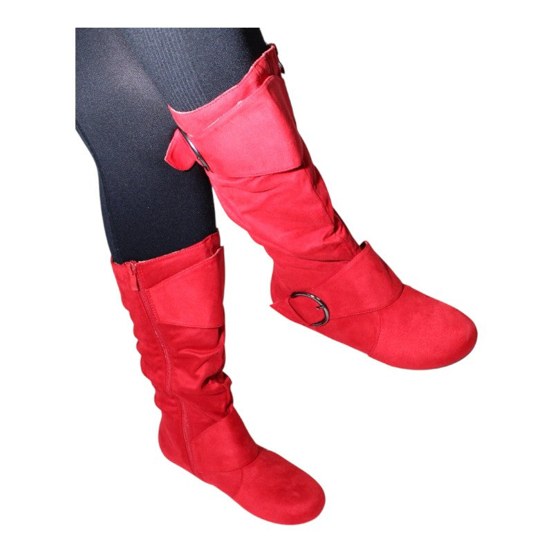 Women's Closed Round Toe Buckle Slouch Flat Heel Mid-Calf Boot