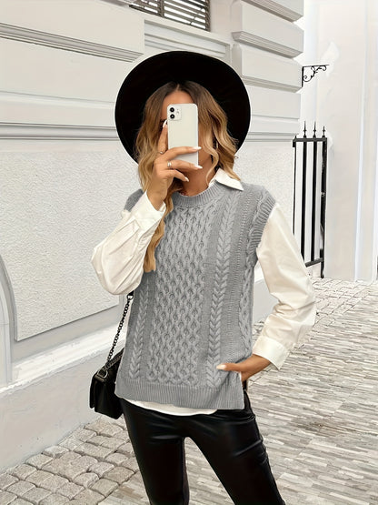 Women's Cable Sweater Vest - Sleeveless Round Neck Slit Hem Blouse, Solid Color Medium-Elastic Knitwear for Spring Summer Fall Layering, Casual & Semi-Formal Wear (Hand Washable)