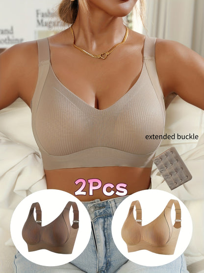 Set of 2 Women'S Wireless Bras - Soft, Sleek Design, Complete Coverage, Anti-Sag Support, Ribbed Nylon Material, Hand Wash Or Dry Clean, Streamlined Shape, High Support, Stylish Neckline