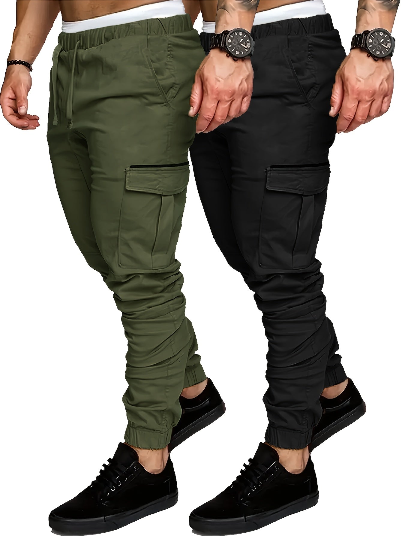 EXARUS 2 Pack Cargo Pants For Men - Relaxed Fit Twill Joggers With Elastic Waistband And Stretch Fabric - Casual Wear