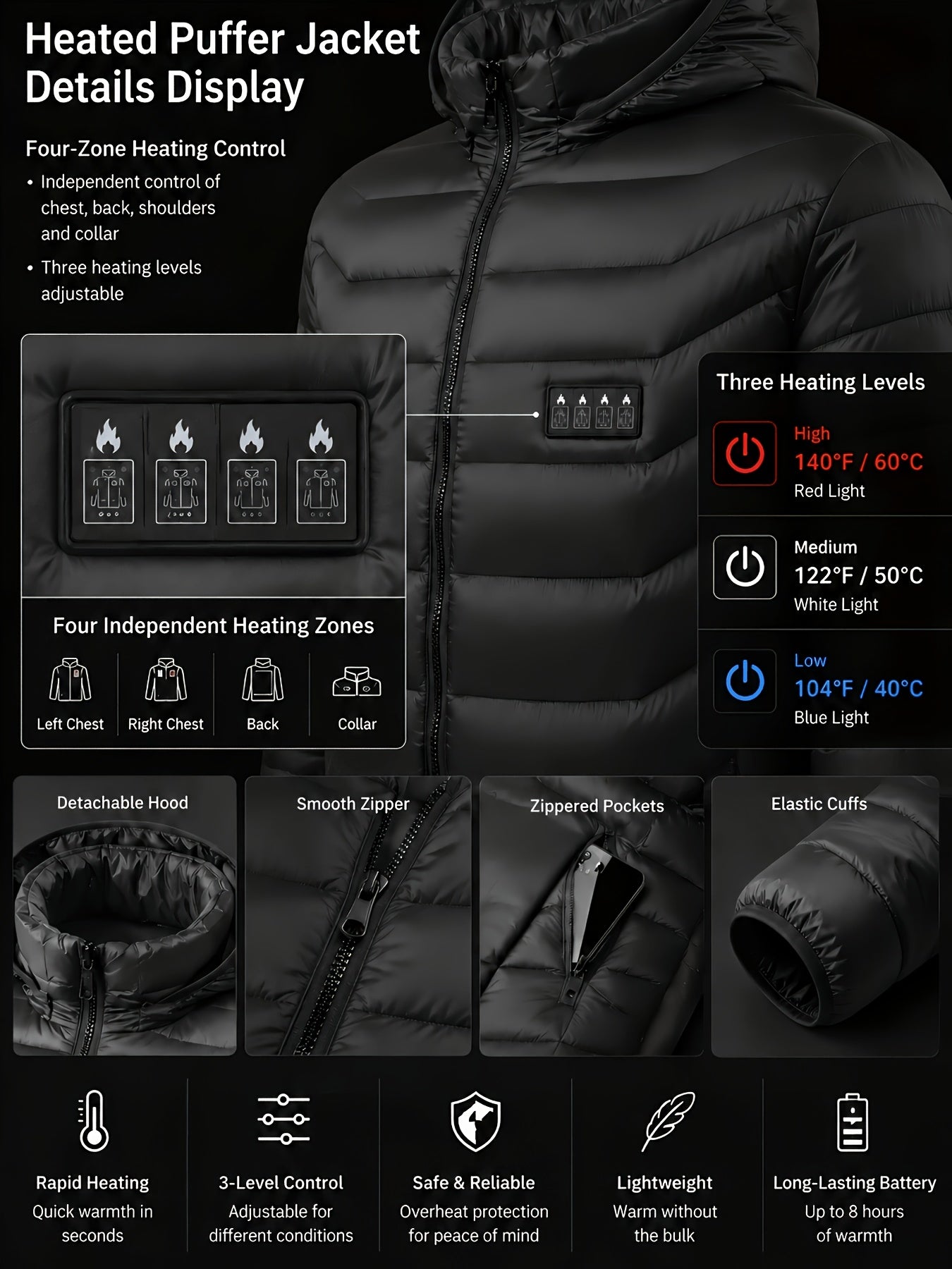 Heated Jacket with Pocket Pullover, Couple's Style Coat, Suitable for Outdoor Activities In Autumn And Winter, New Year's Outfit, Birthday Gift, Three Adjustable Temperature Settings, USB Interface (battery Not Included)