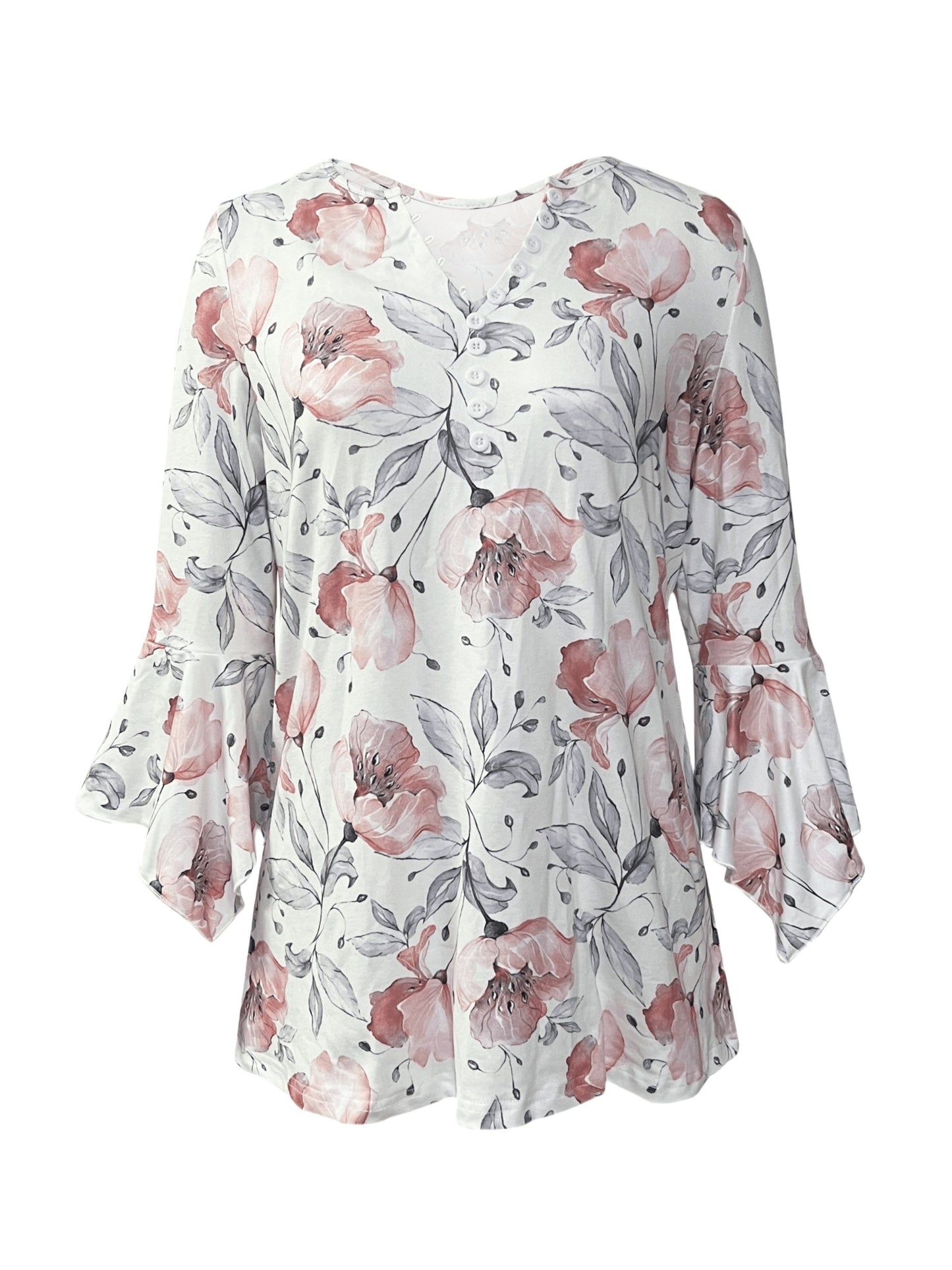 Spring And Autumn New Style Printed Button Irregular Three Quarter Sleeve T-Shirt Casual Top