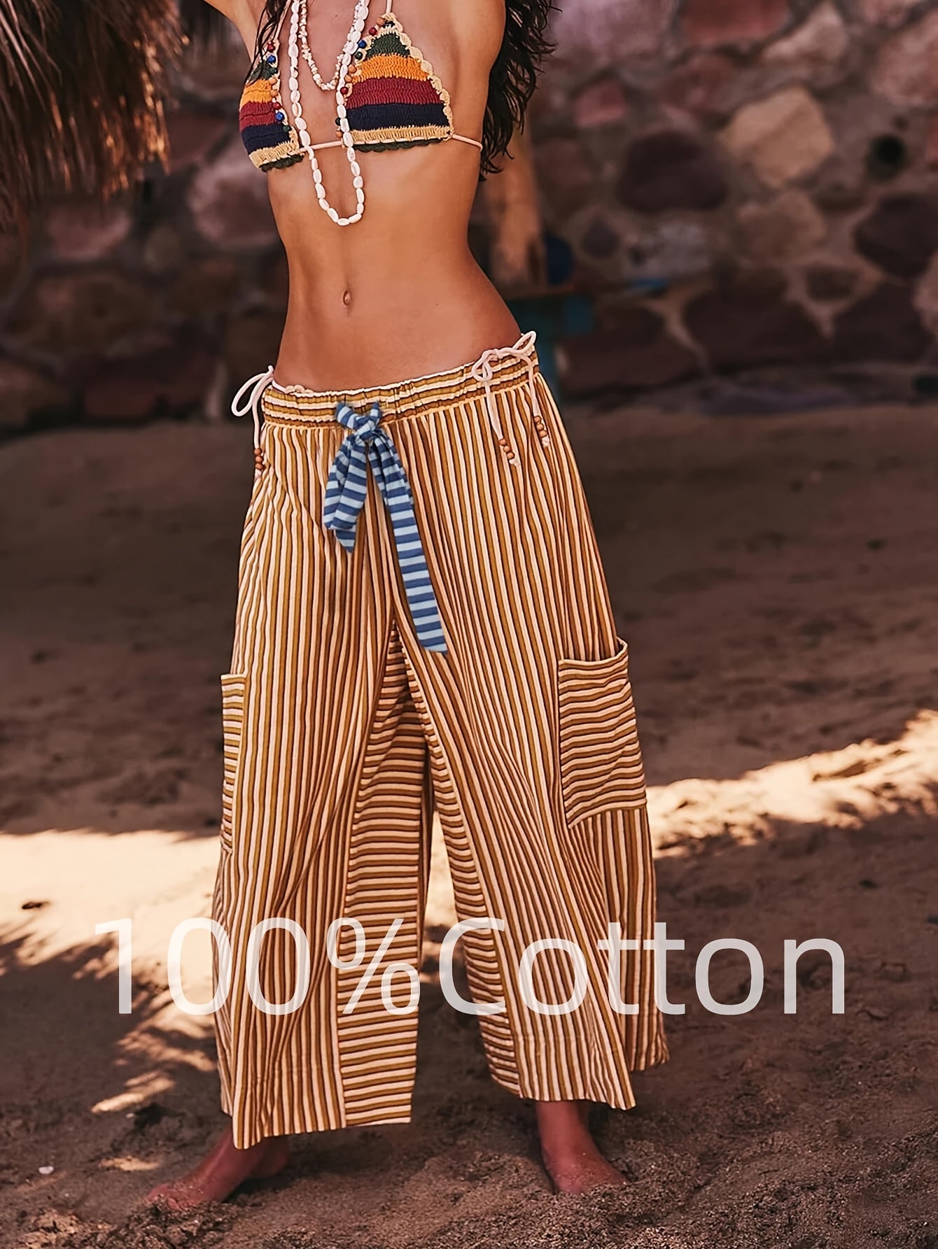 Women's Wide Leg Pants with Elastic Waist & Striped Drawstring - Striped Horizontal Stripes Trousers Suitable for Spring/Summer, Casual Lounge Pants with Side Pockets, Machine Washable Wide-Leg Trousers for Warm Weather