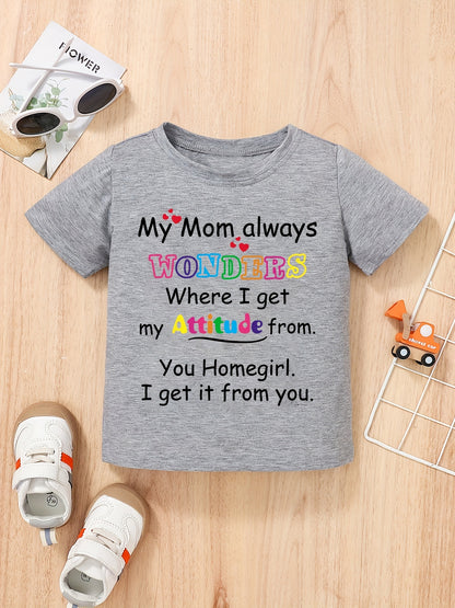 ' 100% Cotton "My Mom Always Wonders..." Letter Print T-Shirt - Cute Short Sleeve Round Neck Top with Asymmetrical Hem, White Casual Casual Attire & Play Outfits, Easy-Care Clothes (1-10 Years)