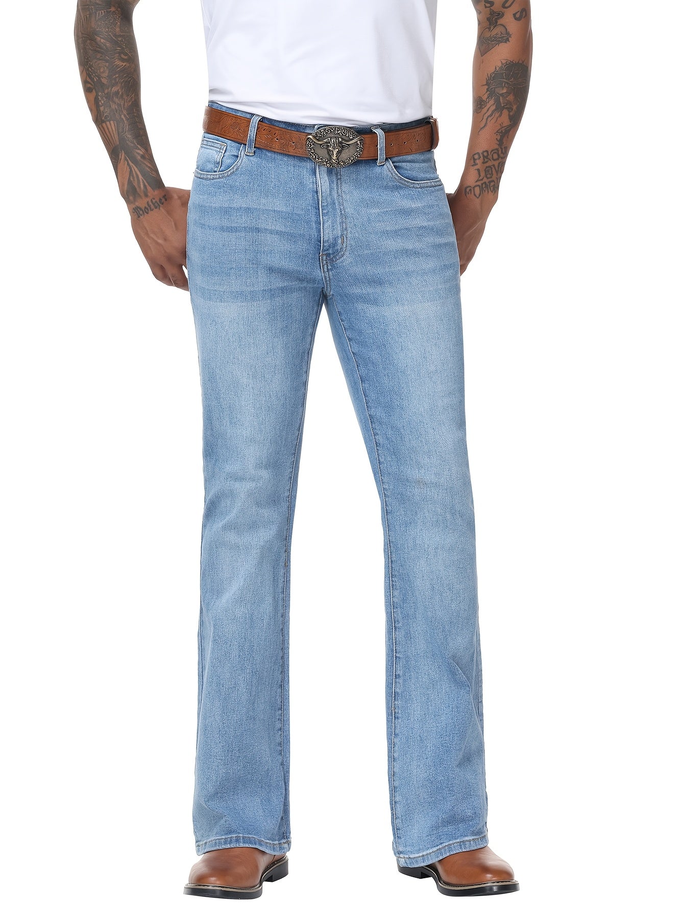 Men's Vintage 70s Retro Bell Bottom Jeans - Wide- Flare Pants with Mid-Stretch Blend, Beltless Suitable for Disco Parties, Night Out & Casual Attire, Machine Washable Mid-Rise Bottoms