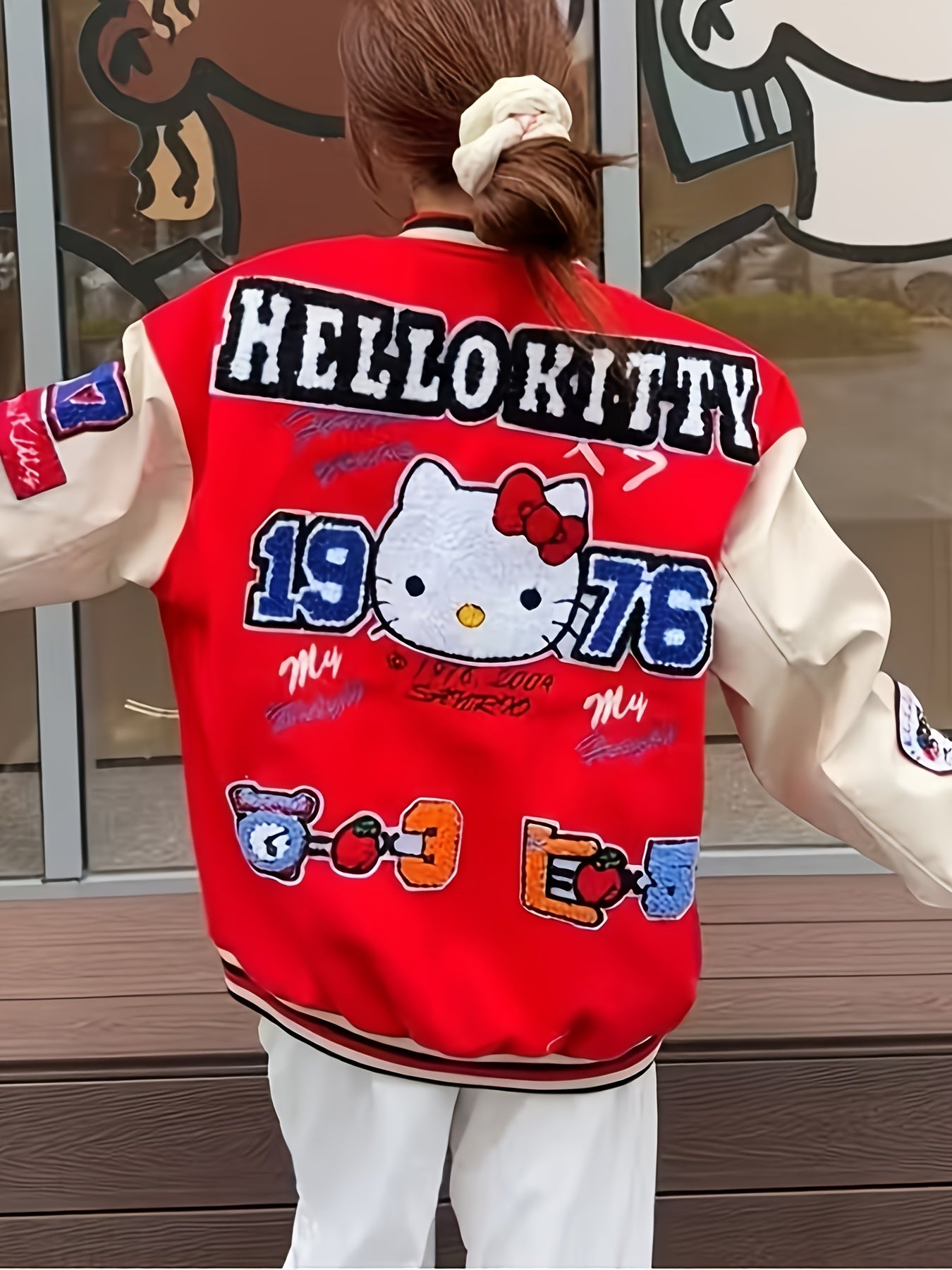 for sanrio Licensed Women'S Jacket Featuring Hello Kitty And Kuromi Patches - Lightweight Spring And Autumn Coat, Cute Anime Character Outerwear, Perfect For Parties And Everyday Wear - Iconic Brand Accessories (a Must-have For Sanrio Fans)