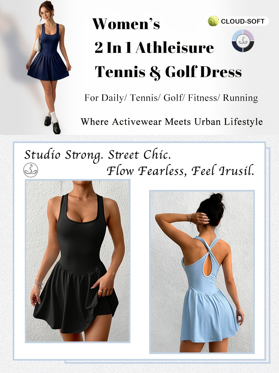 Womens Sleeveless 2-in-1 Athletic Tennis Golf Dress, Underneath Workout Dresses With Built-in Shorts Pocket, Workout Jumpsuits For Women Tummy Control With Double Lined Outfits.