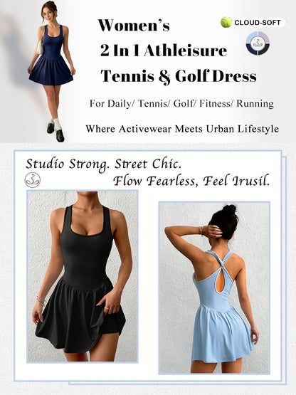 Womens Sleeveless 2-in-1 Athletic Tennis Golf Dress, Underneath Workout Dresses With Built-in Shorts Pocket, Workout Jumpsuits For Women Tummy Control With Double Lined Outfits.