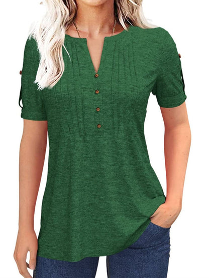 Casual Short-Sleeve Blouse for Women with a Solid Color, Featuring a Pleated Design, Buttoned V-Neck, And a Zipper
