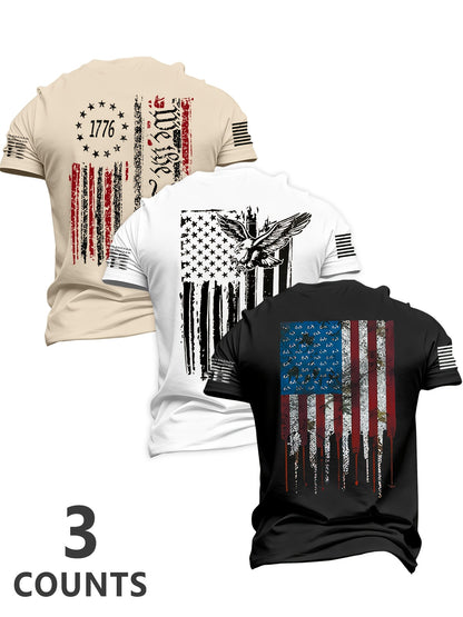 Men'S 3pcs 4Th of July American Patriotic Flag Eagle Short Sleeve T-Shirt Set, All-Black Vintage Print Design, 250 American Celebration Items-Inspired, Featuring 1776 Betsy Ross Flag, Declaration of Independence, Bald Eagle & American Flag Elements