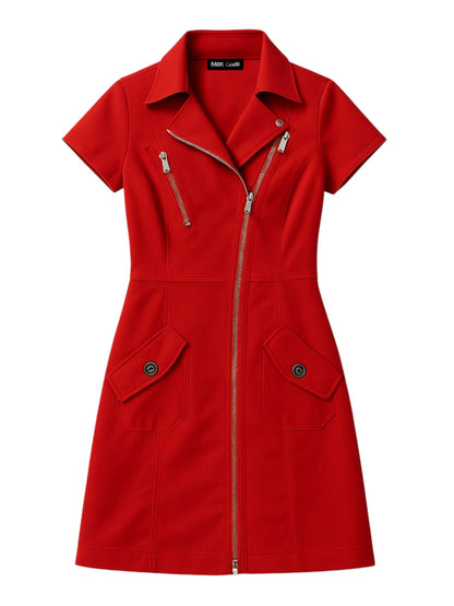 Women's Short Sleeve Zip-Up Utility Dress with Functional Front Pockets and Stylish Notched Collar – Lightweight and Breathable Fabric – Modern Tailored Fit for Casual, Work, or Weekend Wear – Versatile Shirt Dress Style with Full-Length Zipper and Define