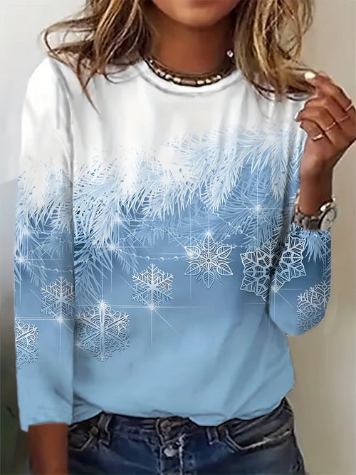 Christmas Clothes For Women Snowflake Printed Round Neck T-shirt, Spring And Autumn Casual Long Sleeve Top, Women Clothing