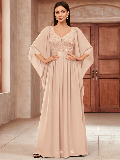 53303 Elegant Women's Lace & Sequin Bridesmaid Dress - A-Line Maxi Wedding Gown with 3/4 Bell Sleeves, V-Neck Color-Block (Bodice &), Machine Washable Bridesmaids Gown for Weddings, Parties, Prom