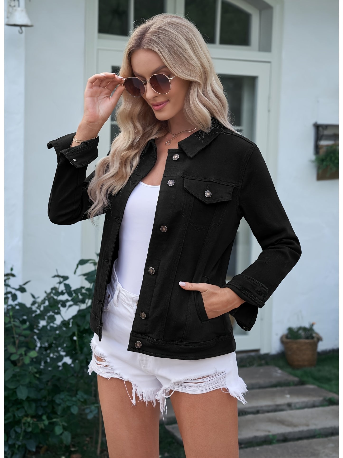 Women'S Retro-Wash Cropped Denim Jacket: Slim-Fit Button-Front Coat - Casual Everyday Denim Jacket, Perfect For Spring & Autumn Layering - Pairs Beautifully With Jeans, Dresses, And Skirts
