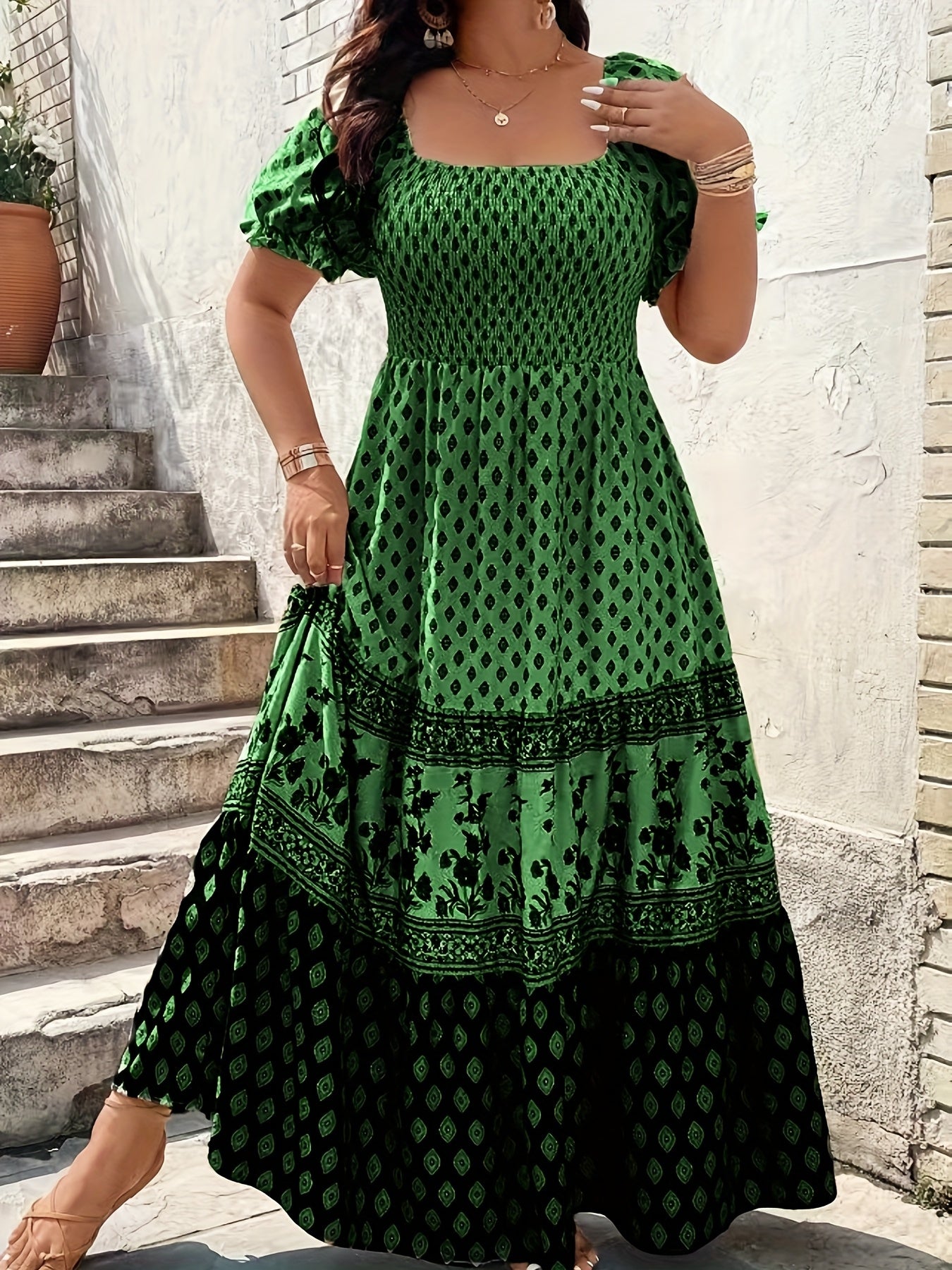 Plus Size - 1pc Spring Summer Mother'S Day Plus Size Women Elegant Bohemian Maxi Dress - Square Neck Puff Sleeve Smocked Bodice Floral Geometric Print Tiered Long Skirt Sophisticated Graceful Style For Vacation Beach Party Wear