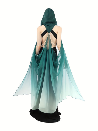 Full-Length Tulle Gothic Bridal Fairy Cloak with Hood for Women, Off-Shoulder Capelet