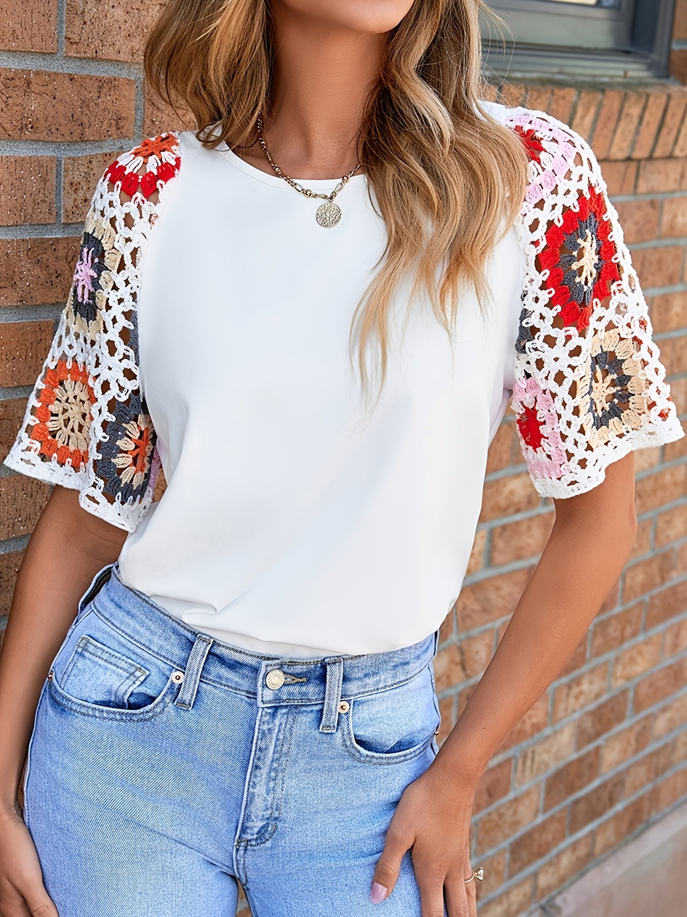 White Floral Crochet Short Sleeve Top