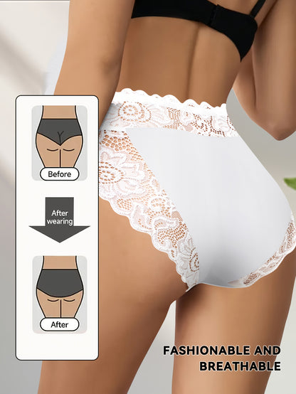 4-Pack Women's Plus Size Mid-Rise Lace Underwear - Briefs with Soft Breathable High-Elasticity Panties, Triangle Cut Suitable for Spring/Summer, Sizes 1XL-5XL (Lace Trim & Flower Print) - Elegant Gift for Christmas/Valentine's Day