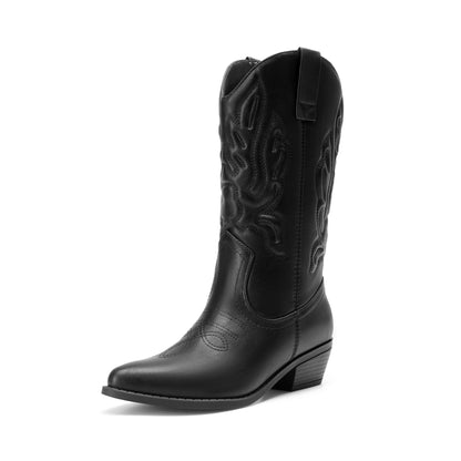 Women's Cowboy Boots Mid Calf Cowgirl Boots Embroidery Stitched Western Boots