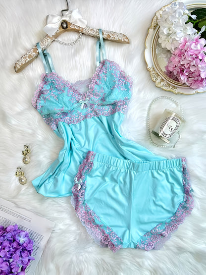 Contrast Color Lace Splicing V-neck Camisole and Double-sided Bow Splicing Casual Shorts | Skin-friendly, Comfortable, Stretchy Fabric, Sexy Style, Suitable for All Seasons