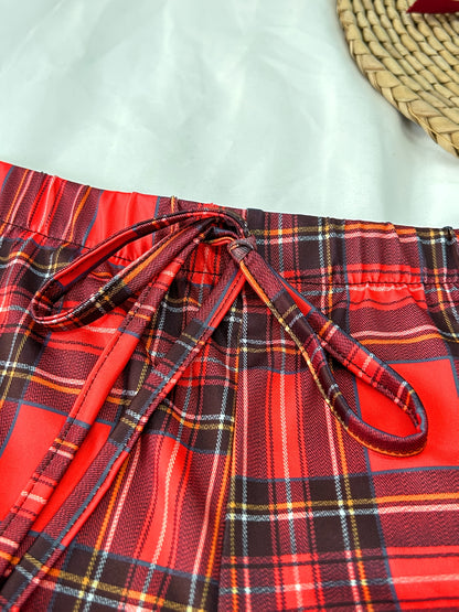 Contrast Color Lace Stitching Plaid Love Print V-neck Bilateral Side Open Backless Skin-friendly Soft Home Casual Pajamas Set