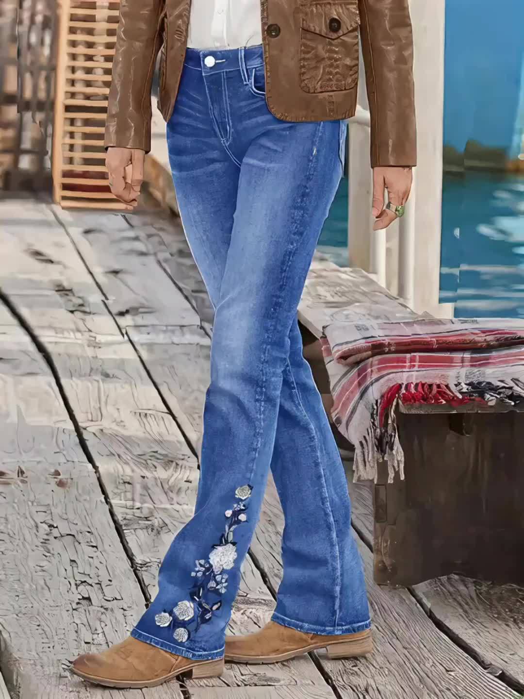Women's Plus Size Light Blue Solid Denim Jeans - Side Ankle Floral Embroidery Whiskered Flared Legs High-Waisted Medium Stretch - Elegant Comfort Date Night Outing Plus Size Denim