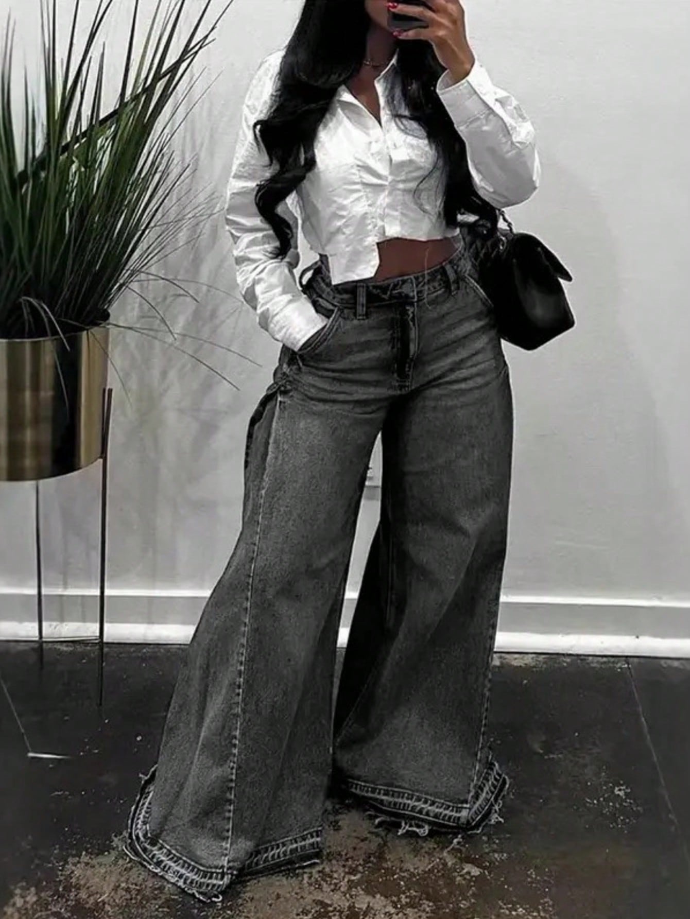 Women'S Wide Leg Jeans High Waisted Flared Denim Pants Baggy Loose Fit Jeans Frayed Raw Hem Casual Streetwear