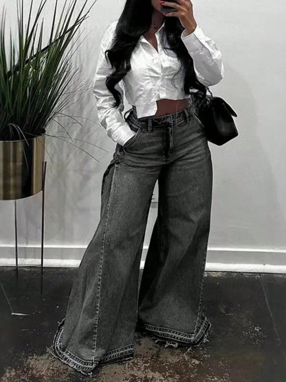 Women'S Wide Leg Jeans High Waisted Flared Denim Pants Baggy Loose Fit Jeans Frayed Raw Hem Casual Streetwear