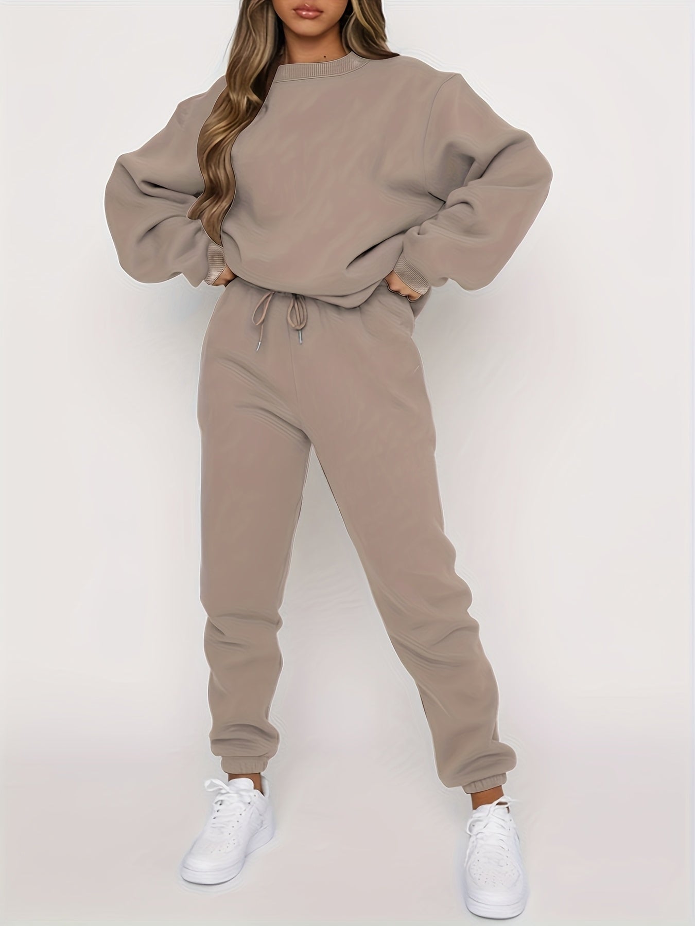 [Casual 2pcs Suit] Women's Casual Fashionable & Versatile 2pcs Suit | Autumn & Winter Solid Color Loose Pullover Sweatshirt + Elastic Waist Drawstring Pants