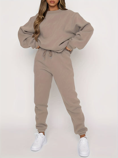 [Casual 2pcs Suit] Women's Casual Fashionable & Versatile 2pcs Suit | Autumn & Winter Solid Color Loose Pullover Sweatshirt + Elastic Waist Drawstring Pants