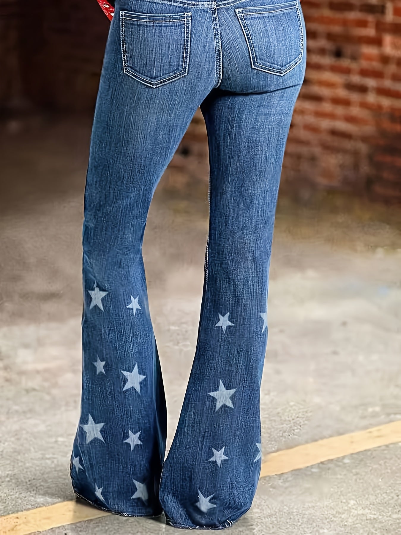 HME Women's Star Print Slim Fit Ankle Patchwork Stretch Flare Jeans, Belt Not Included