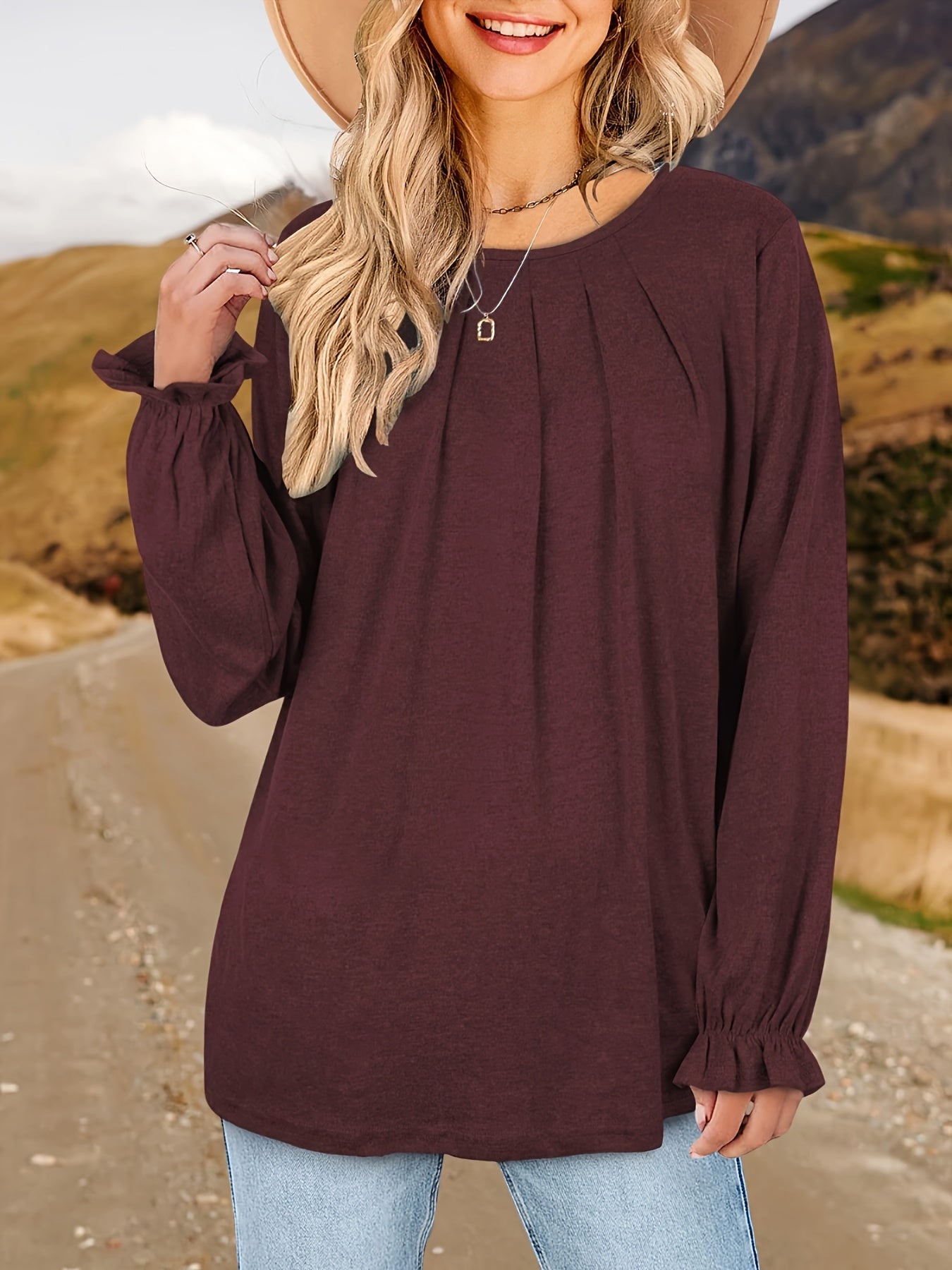 Womens Tops Dressy Casual Pleated Ruffle Long Sleeve Shirts Loose Fitting Blouses Tunic Tops