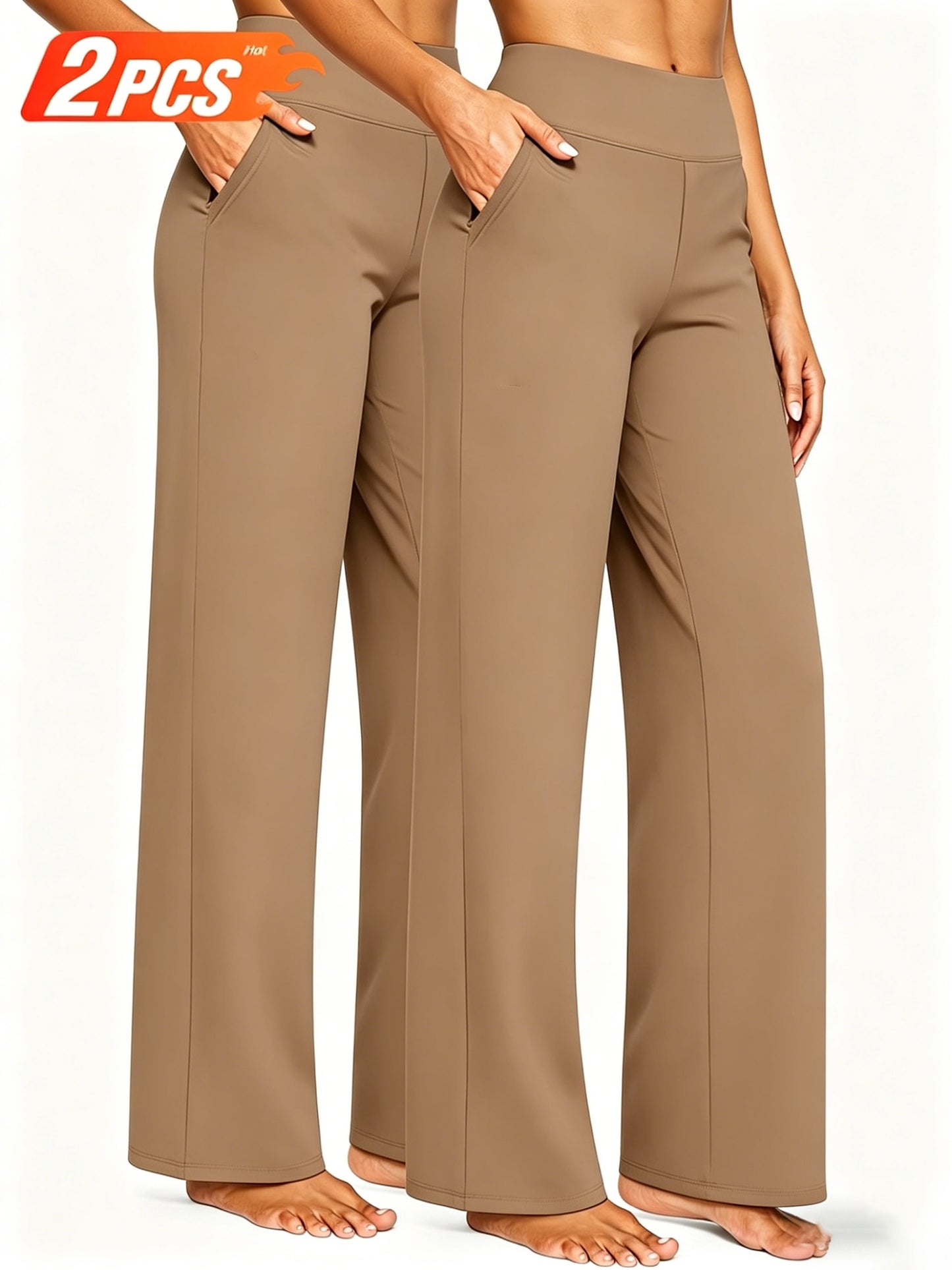 2pcs Women's High Waist Solid Color Wide Leg Pants with Double Pockets, Butt Lifting Slim Fit Trousers, Lightweight Breathable Skin-Friendly Fabric, Versatile for Office Work Daily Streetwear