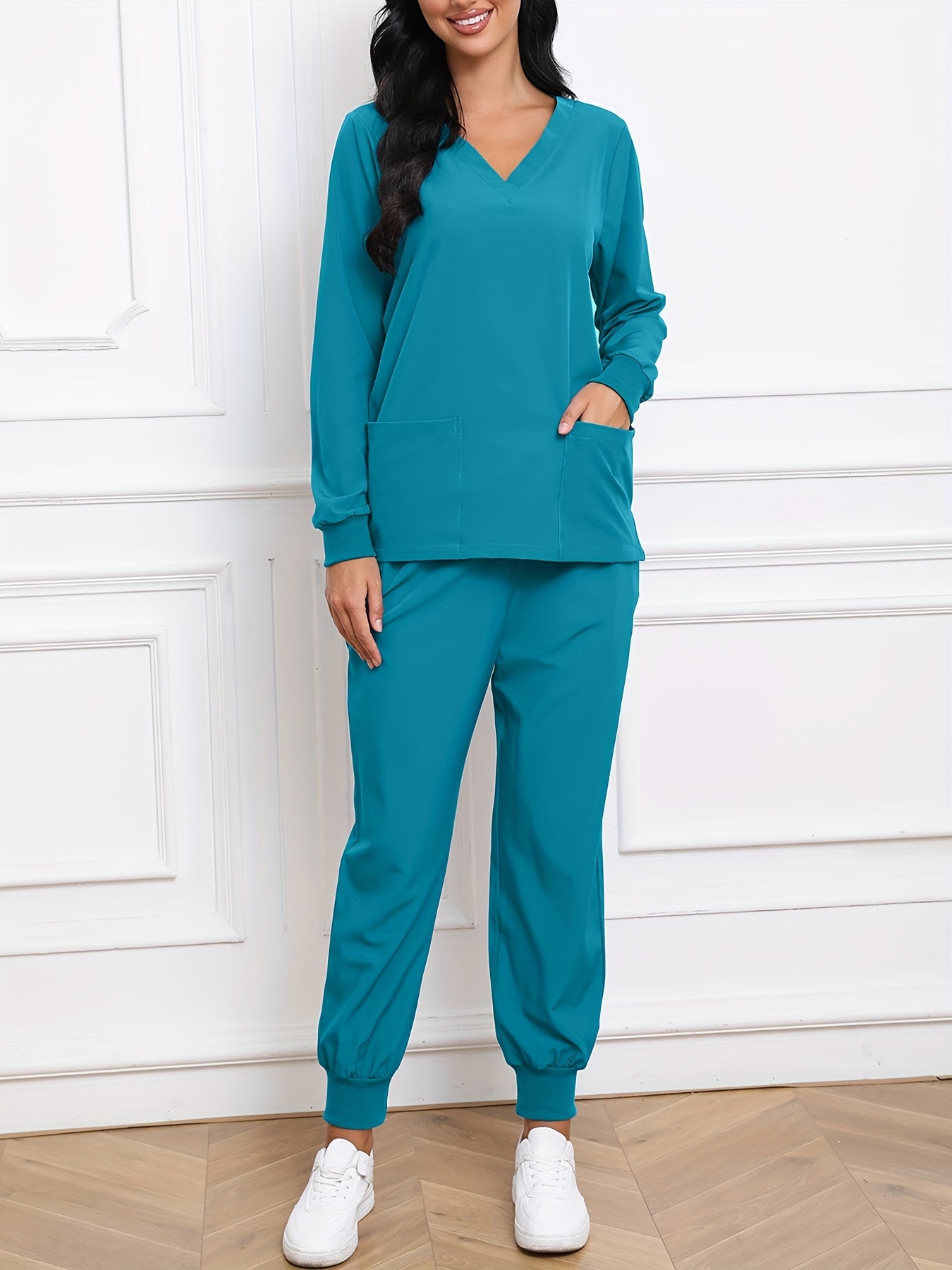 Women'S V-Neck Long Sleeve Elastic Uniform Set with Pockets, Breathable Stretch Top And Waist Cord Pocket Pants Two-Piece Set