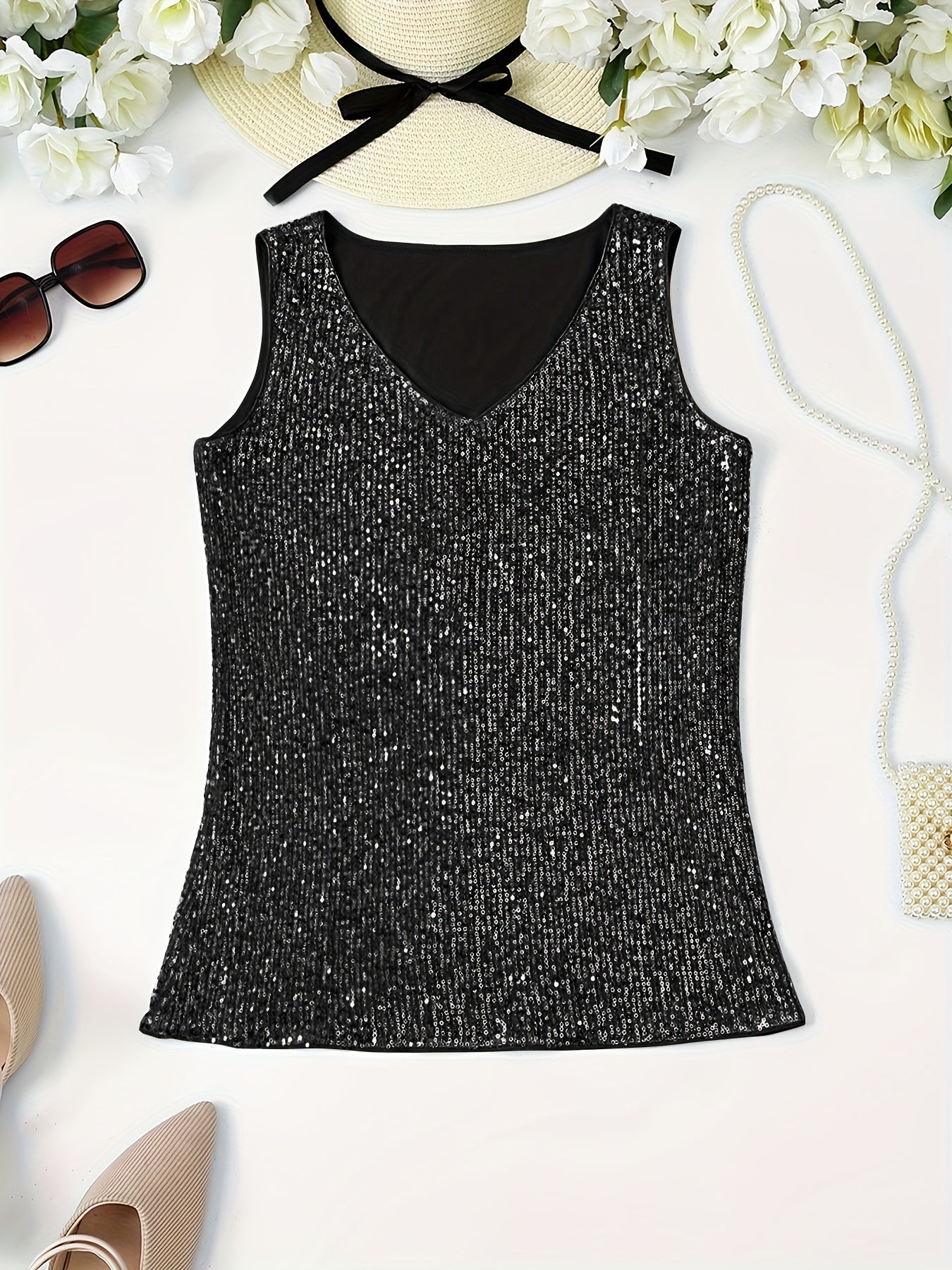 Sparkling Sequin V-Neck Sleeveless Top, Elegant Casual Tank for Spring and Summer Wear