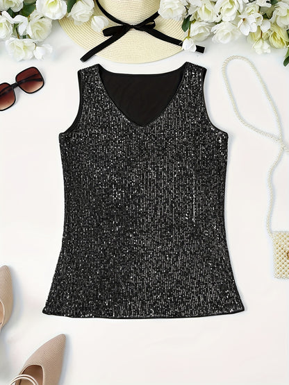 Sparkling Sequin V-Neck Sleeveless Top, Elegant Casual Tank for Spring and Summer Wear