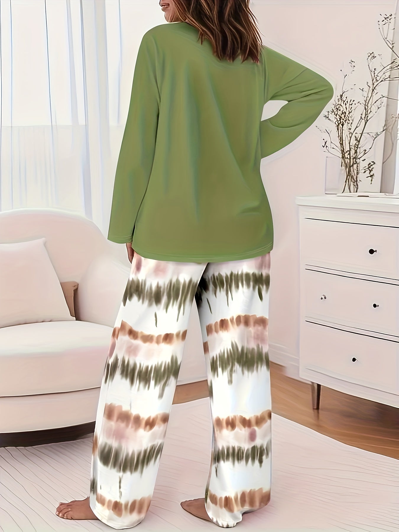 Round Neck Printed Long Sleeve Gradient Wide-leg Pants Casual Loose Two-piece Set