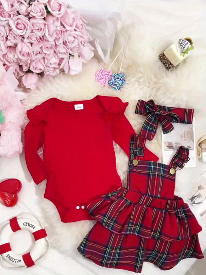 Baby Autumn And Winter Clothing Set Baby Girls 0-18 Months Romper And Plaid Strap Skirt And Headband, for Outdoor