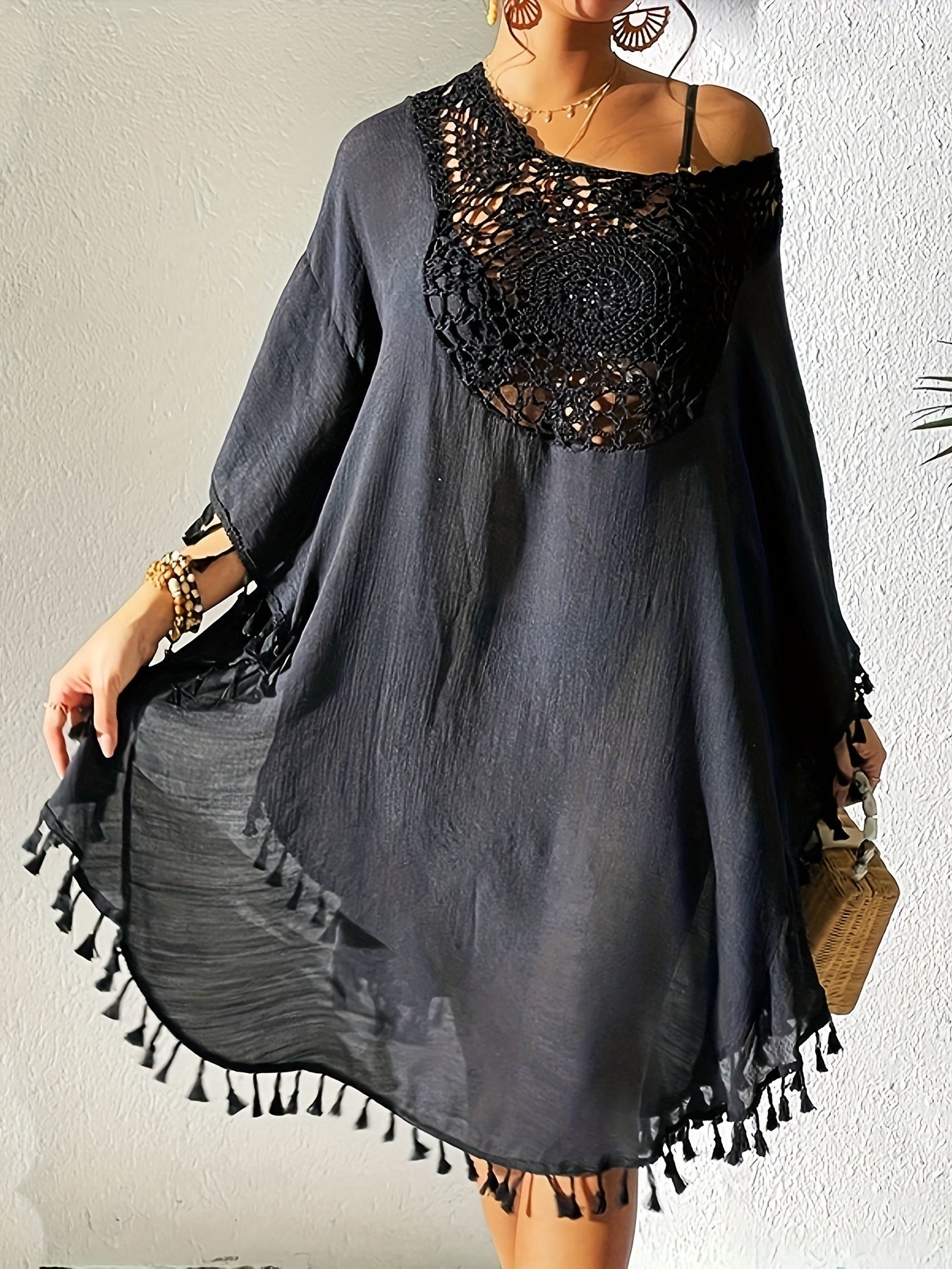 Women's Sexy Crochet Batwing Sleeve Tassel Hem Top - Black Hollow Out Design, Resort Wear Beach Cover-Up, Lightweight Polyester, Perfect for Spring & Summer