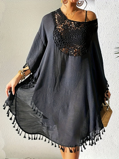 Women's Sexy Crochet Batwing Sleeve Tassel Hem Top - Black Hollow Out Design, Resort Wear Beach Cover-Up, Lightweight Polyester, Perfect for Spring & Summer
