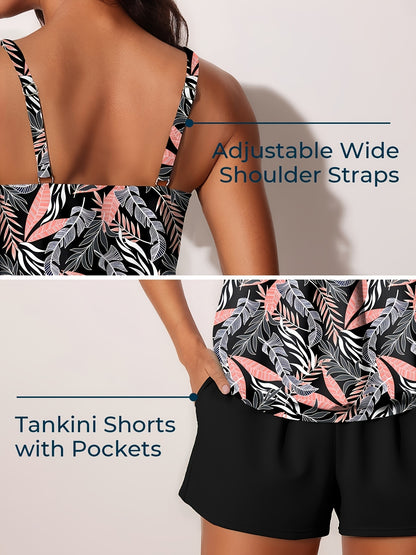 Modest Tummy Control Blouson Women'S Tankini Swimsuits Bathing Suits Swim Shorts With Pockets For Beach