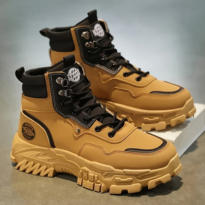 Men High Top Boots Spring Autumn PU Splicing British Retro Thick Sole Lace Up Comfort Anti-Slip Sport Mountaineering Boot