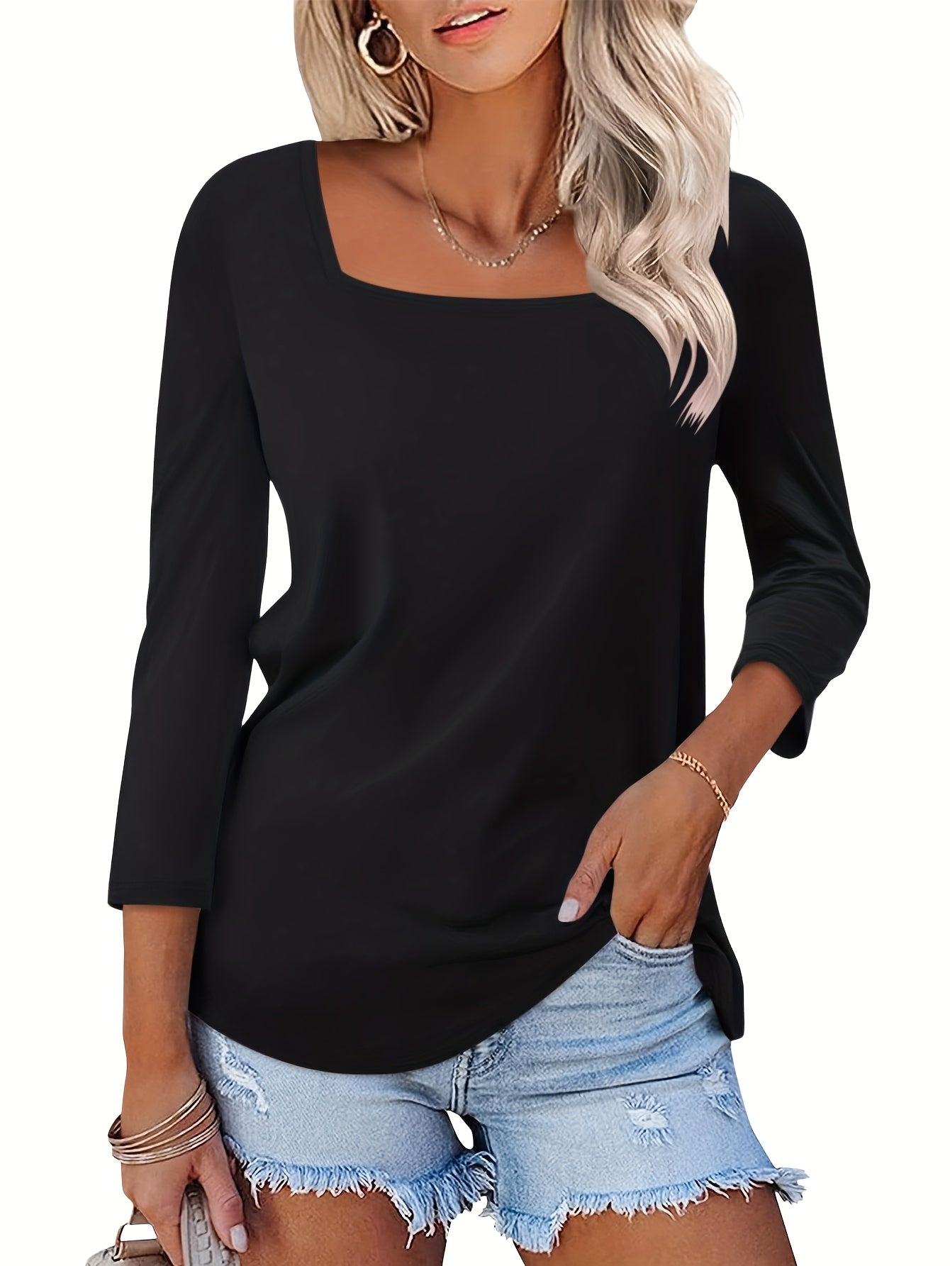 Three-piece Women's Casual Summer Top, 3/4 Sleeve Basic Elegant Square Neck Fashion T-shirt